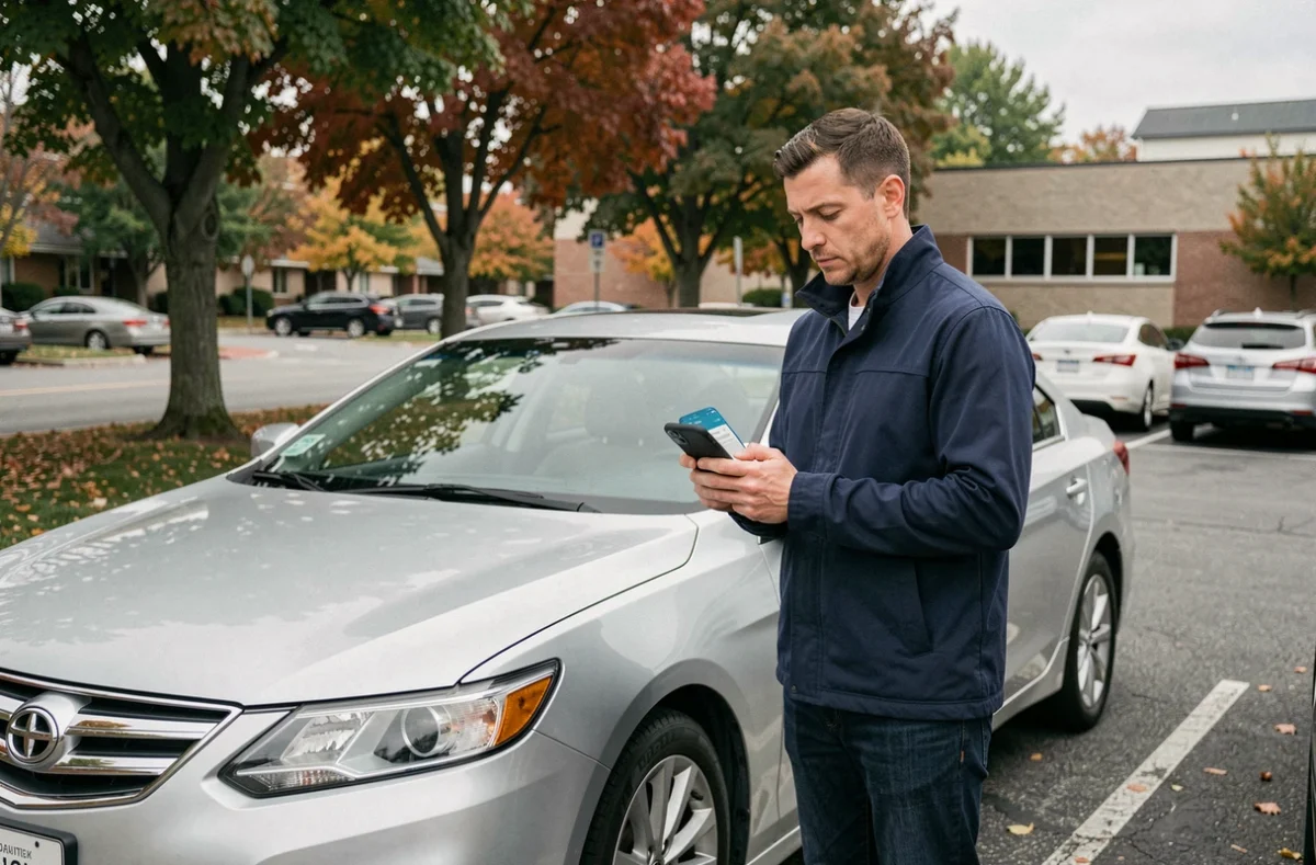 Homme utilisant son smartphone pour obtenir un devis d'assurance voiture rapidement à côté de sa voiture