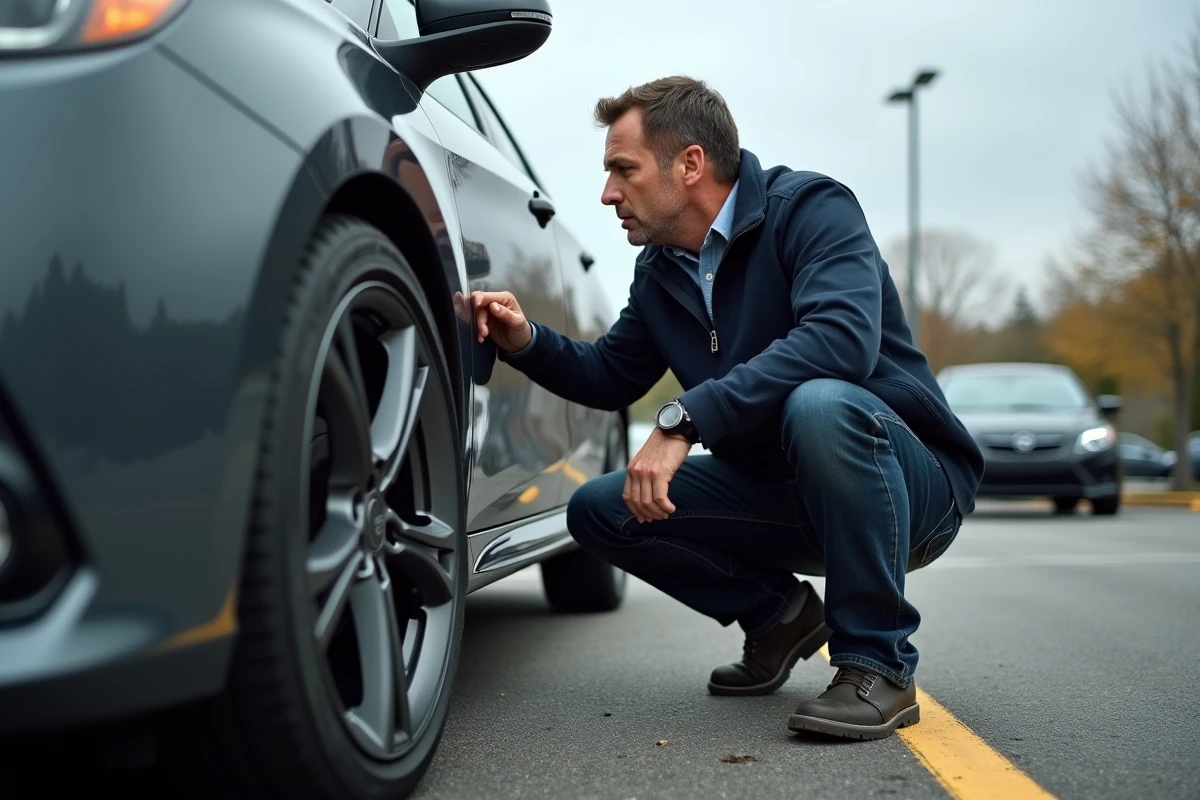 Homme examinant une jante avec covering vinyle sur une voiture garée dans un parking extérieur