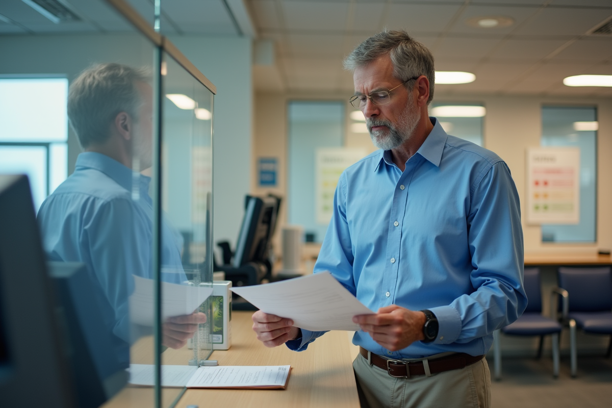 Homme français présentant documents dans un bureau administratif