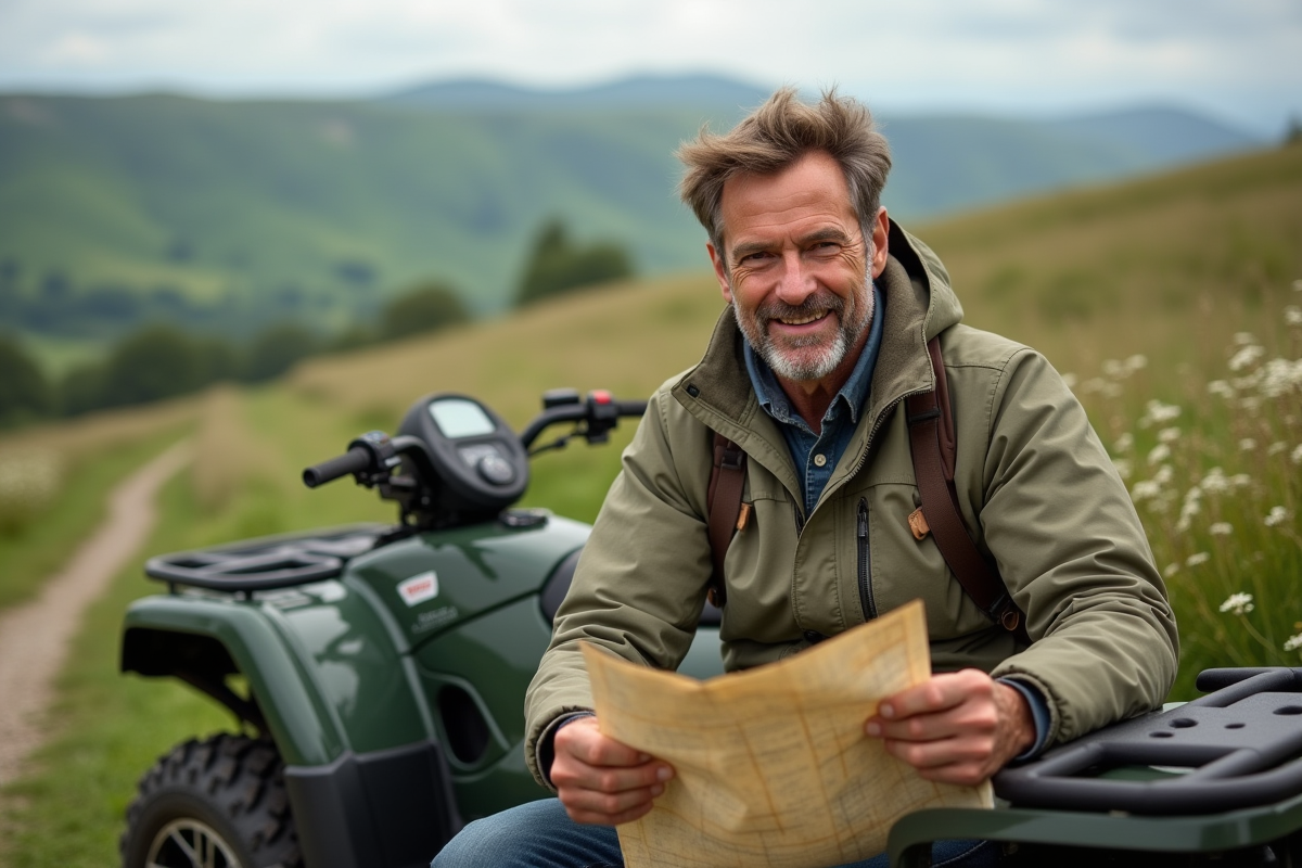 Homme en randonnée vérifiant sa carte près du quad