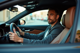Homme en voiture de luxe contemplant la ville