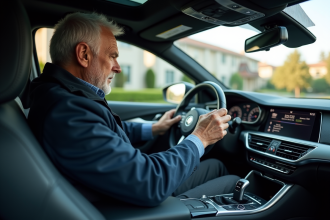 Homme d'âge moyen insérant une clé USB dans la voiture moderne