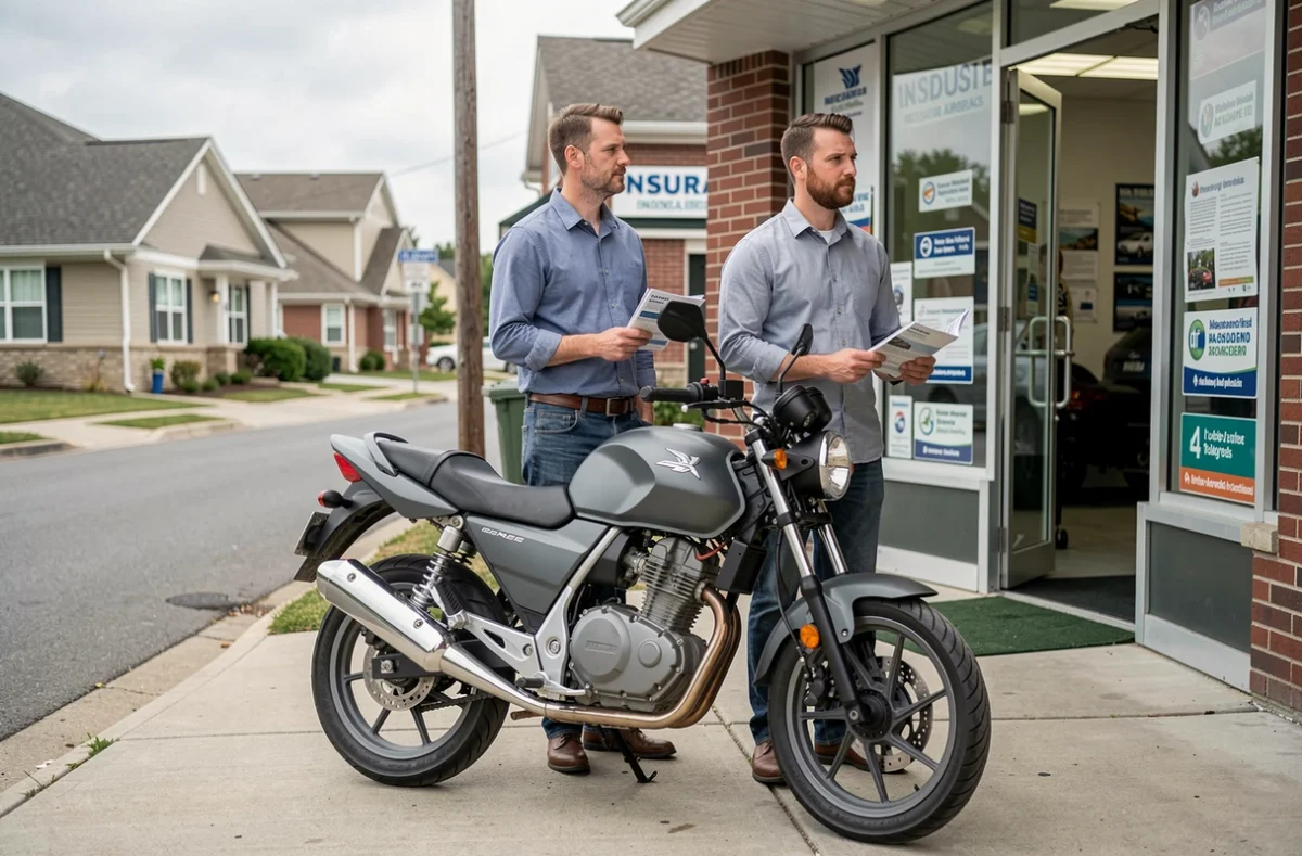 Homme avec une moto 125 cc devant une agence d'assurance tenant un prospectus pour choisir son contrat