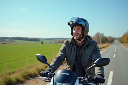 Homme souriant en moto 125cc dans la campagne française