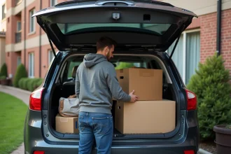 Homme organisant des cartons dans le coffre d'un SUV urbain