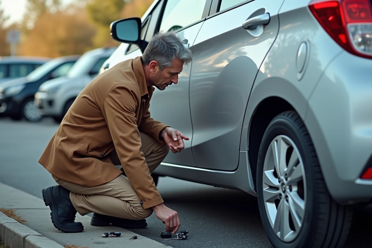 Homme vérifiant un outil de déverrouillage voiture
