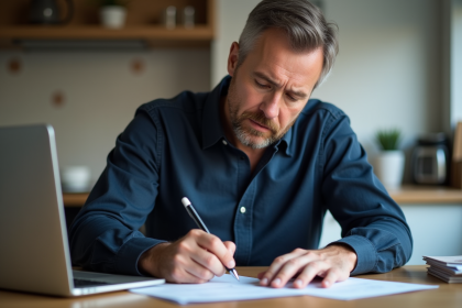 Homme d'âge moyen remplissant des papiers officiels à la maison