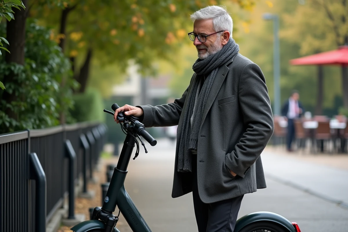 Homme middleaged garé son scooter dans un parc