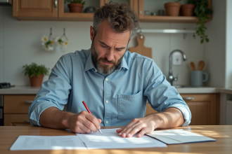 Homme d'âge moyen remplissant papiers de voiture dans une cuisine