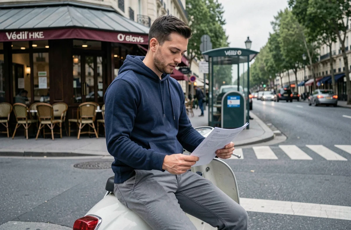 Homme assis sur un scooter blanc à Paris tenant un contrat d'assurance deux-roues dans la rue