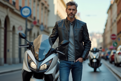 Homme en veste moderne avec scooter Tmax 560 en ville