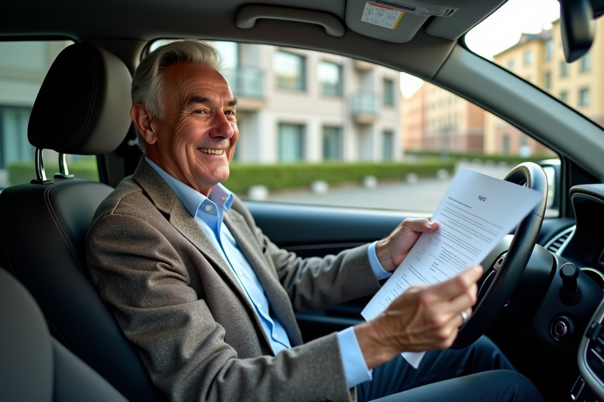 Homme senior souriant avec document d