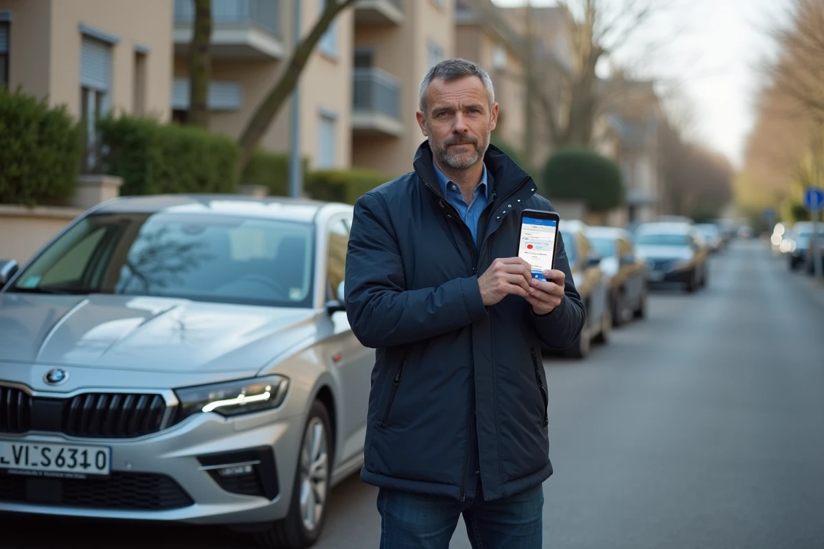 Homme tenant un smartphone pour comparer des assurances auto debout à côté de sa voiture dans une rue résidentielle