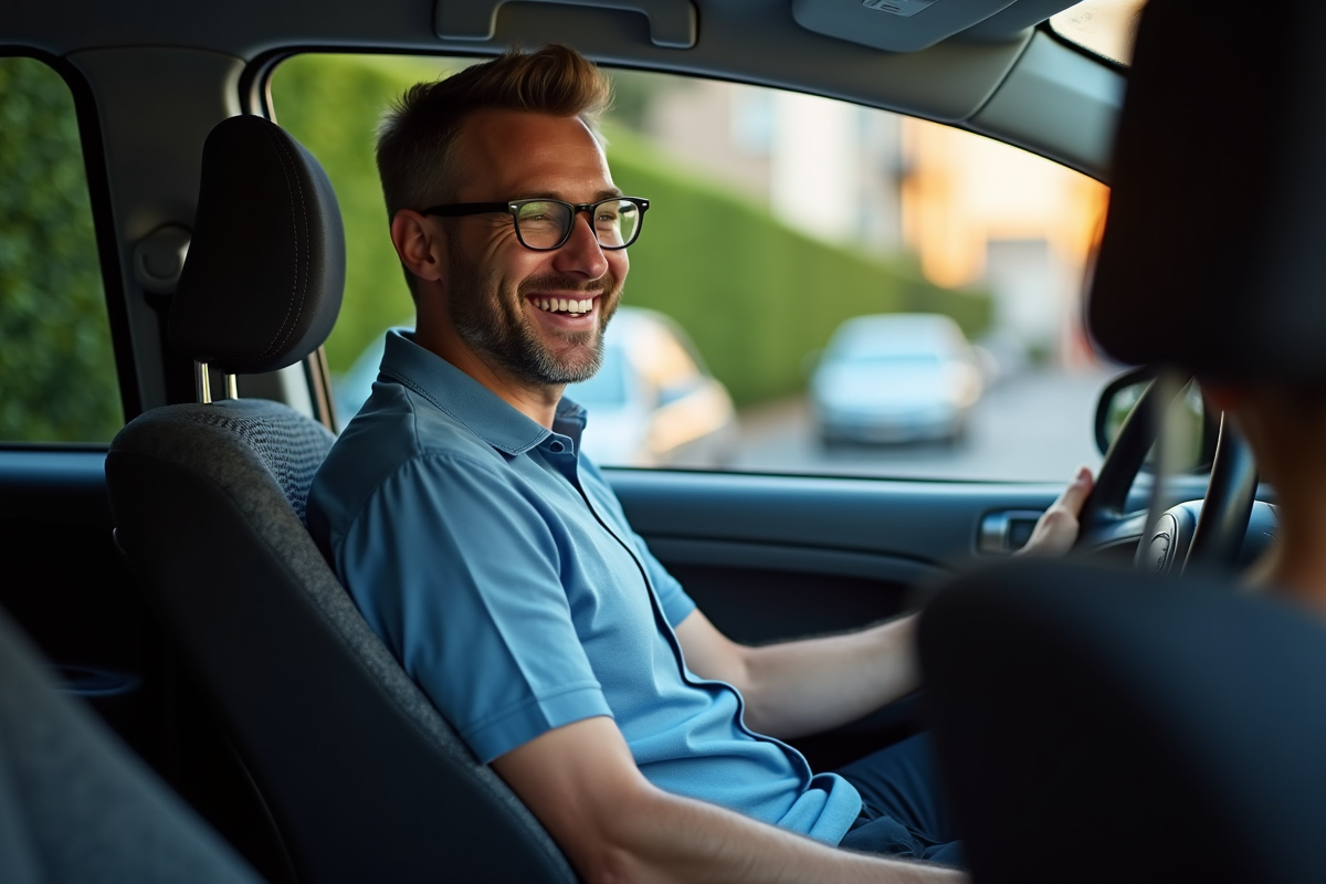 Homme souriant dans une voiture urbaine avec une femme conductrice