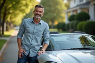 Homme souriant près d'une voiture sportive argentée
