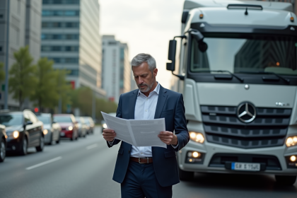 Homme d affaires lisant un rapport emissions devant une voiture diesel ancienne en ville