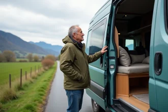 Homme contemplant un van aménagé en campagne