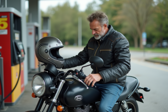 Homme vérifiant la pression du pneu de sa moto sur la route
