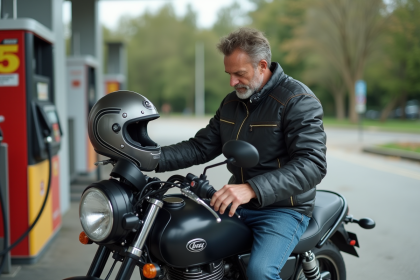 Homme vérifiant la pression du pneu de sa moto sur la route