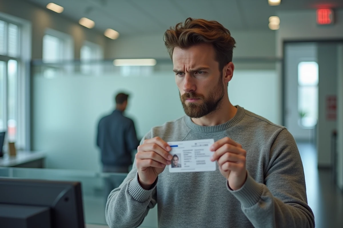 Homme inspectant le numéro de formule sur une carte d'identité française au guichet d'une administration publique