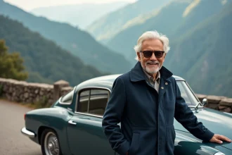 Homme âgé en veste navy posant près d'une voiture classique