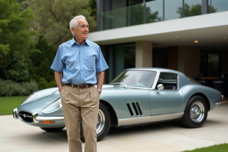 Homme âgé devant une voiture de sport vintage moderne