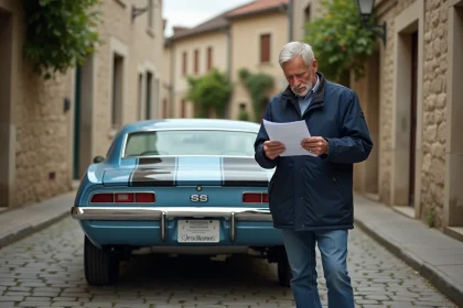 Homme regardant documents à côté d'une Camaro 1969 dans un village français