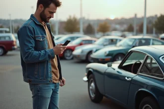 Homme examinant une voiture de sport classique en concession
