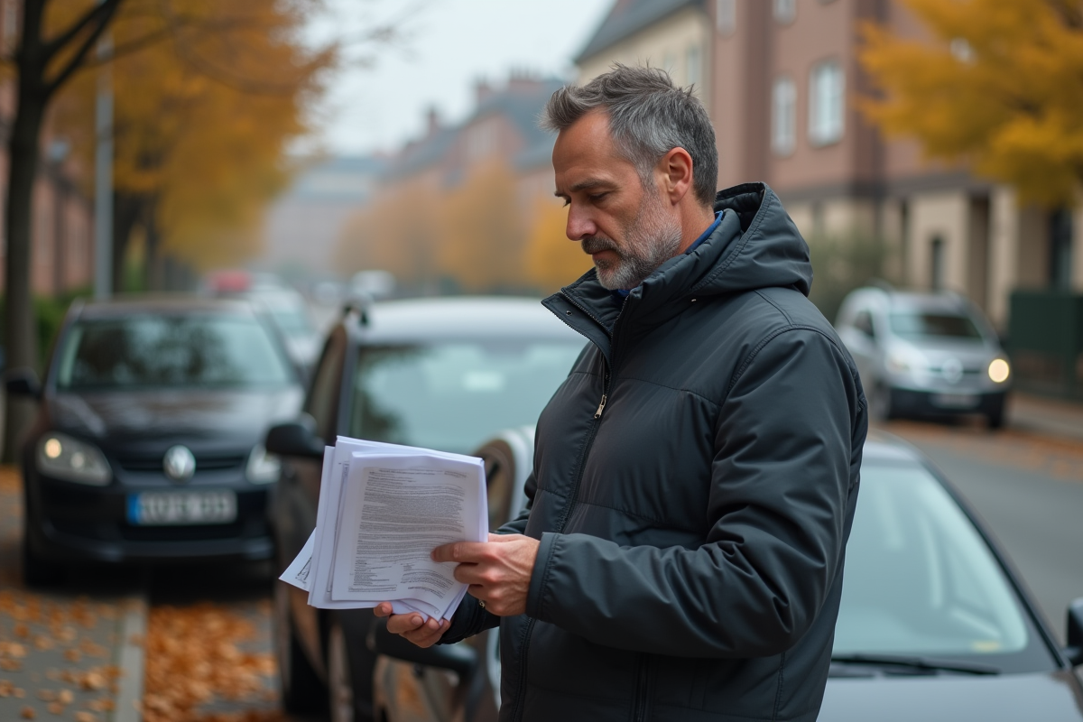 Homme d'une quarantaine examine des documents auto devant sa voiture