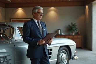 Homme en costume navy inspectant une Mercedes 300 SL dans un garage