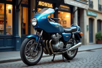 Honda CB 900 Boldor garée devant une agence d'assurance moto en France, vue trois quarts avant sur pavés