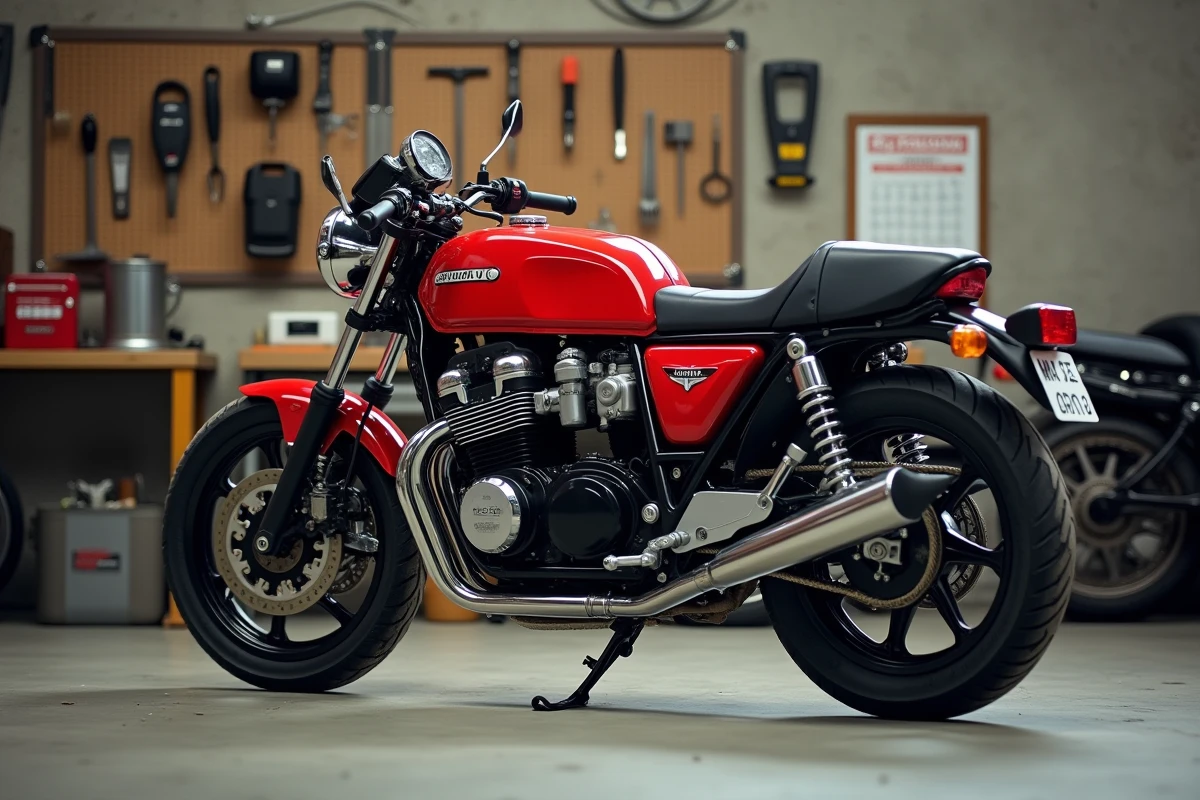 Honda CB 900 Boldor en atelier de mécanique moto, vue de profil complète avec détails moteur et carénage
