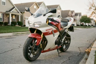 Honda CBR 1000 F en livraison d'origine garée dans une rue résidentielle, vue 3/4 avant mettant en valeur le carénage classique