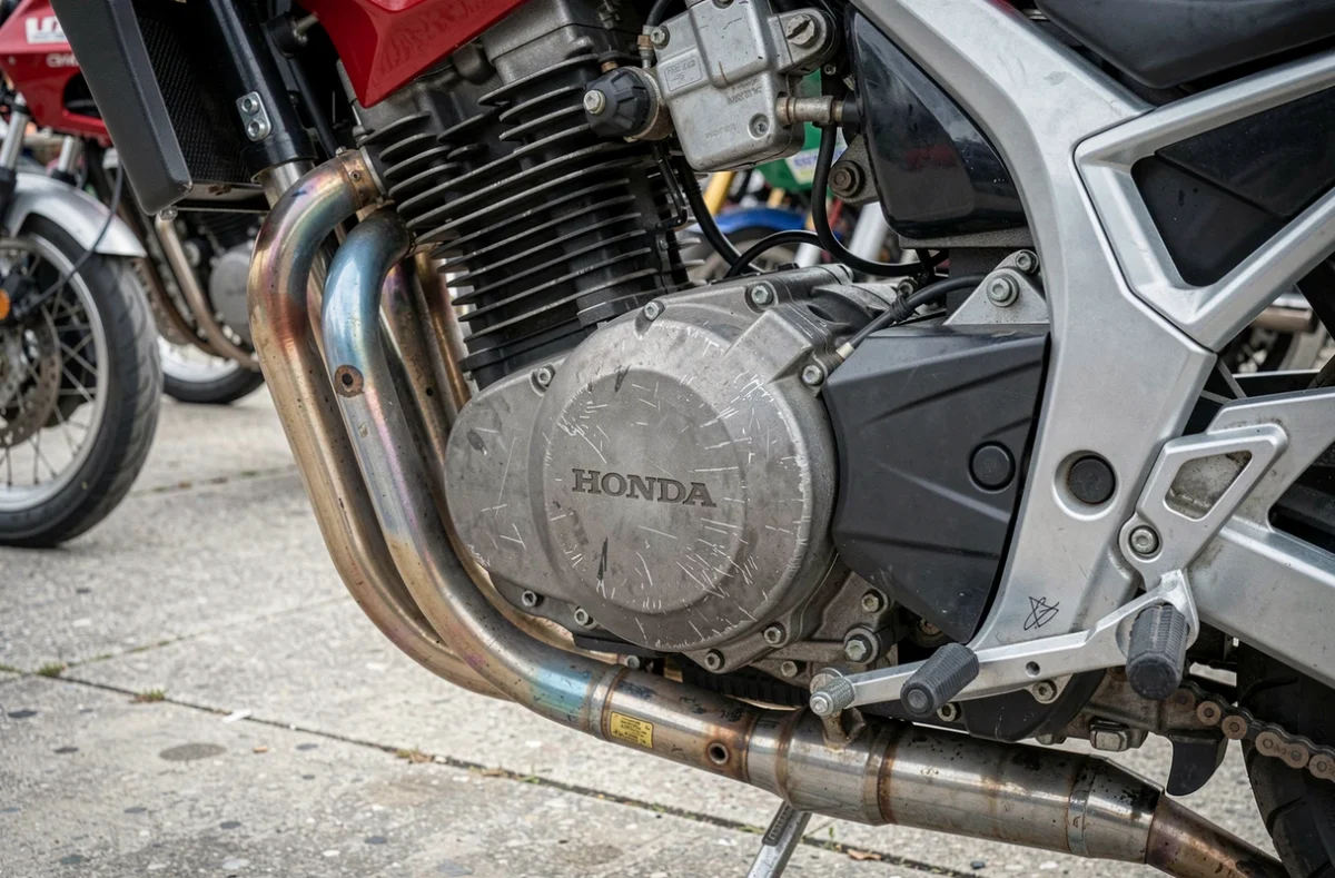Détail du moteur et du carénage inférieur d'une Honda CBR 1000 F d'occasion lors d'une bourse moto, montrant la patine et l'usure réelle