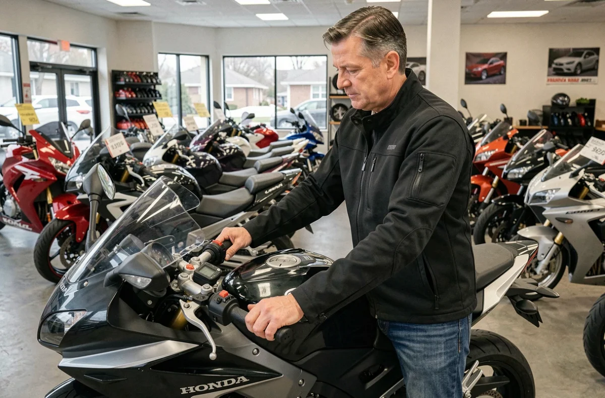Un acheteur inspectant une Honda CBR 1000 F chez un concessionnaire moto d'occasion, évaluant l'état du compteur avant négociation