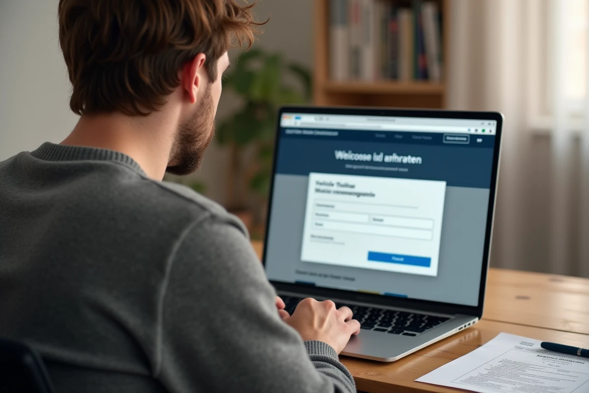 Homme effectuant une demande d'immatriculation ukrainienne en ligne depuis son domicile