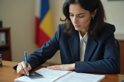 Femme consultant des documents d'immatriculation ukrainiens dans une préfecture française