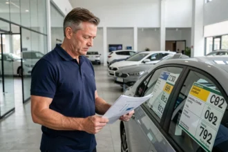 Ingénieur automobile analysant les nouvelles normes de malus écologique 2026 dans une concession moderne