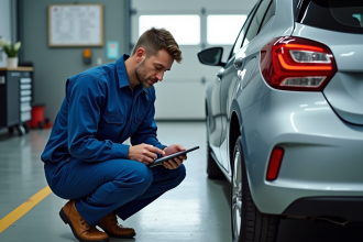Inspecteur en overalls utilisant une tablette diagnostic à côté d'une voiture moderne