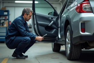 Inspecteur automobile examinant le numéro VIN sur le montant de porte d'un SUV argenté dans un garage professionnel