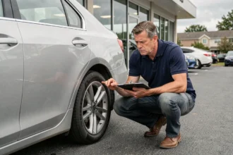 Journaliste automobile inspectant la carrosserie d'une berline dans un parking de concession pour évaluer sa fiabilité