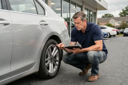 Journaliste automobile inspectant la carrosserie d'une berline dans un parking de concession pour évaluer sa fiabilité