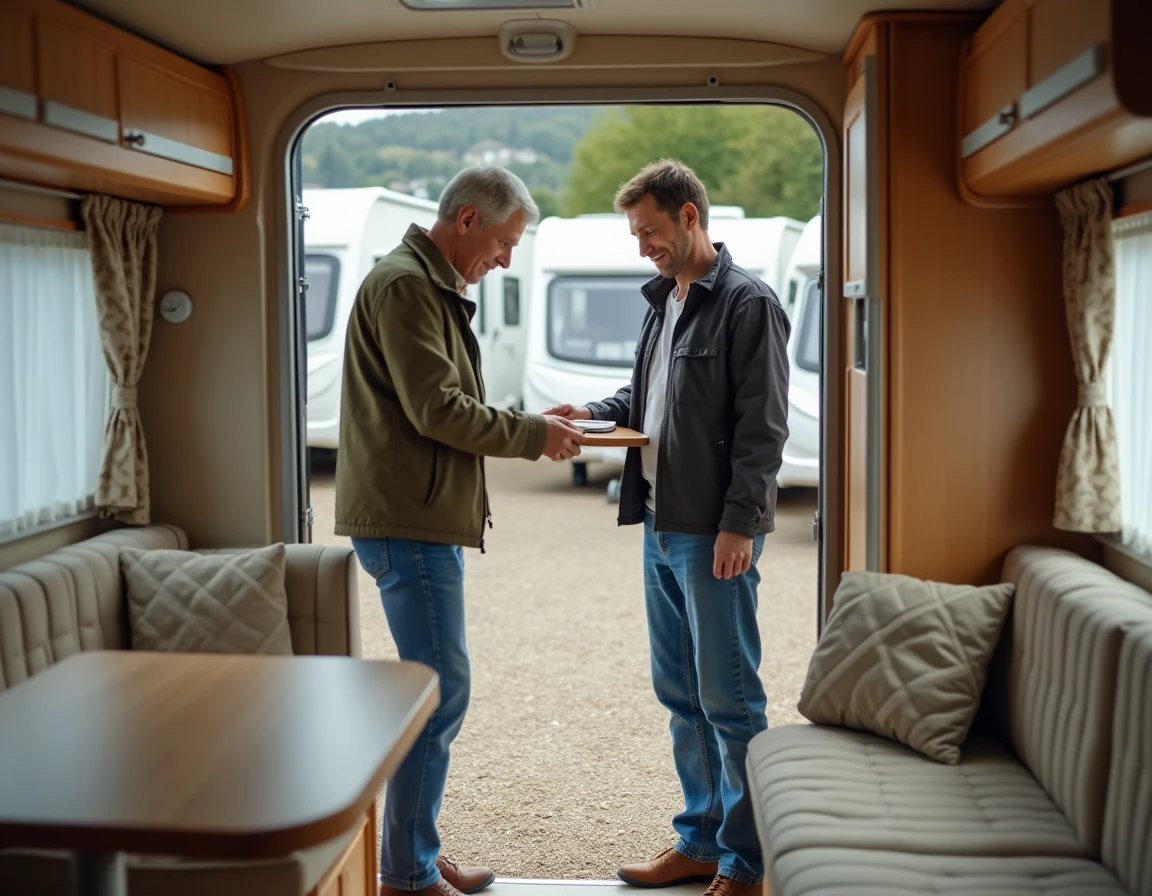 Couple inspectant l'intérieur d'une caravane d'occasion dans un parc de vente de véhicules de loisir