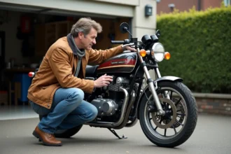 Homme inspectant le numéro de série d'une Kawasaki KZ400J