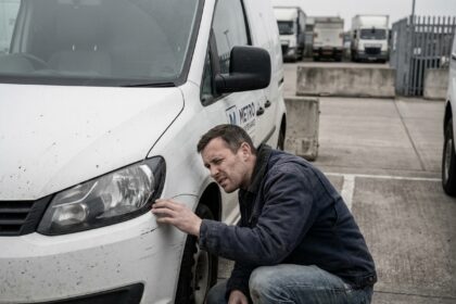 Homme inspectant les phares avant d'un utilitaire blanc avant un long trajet routier