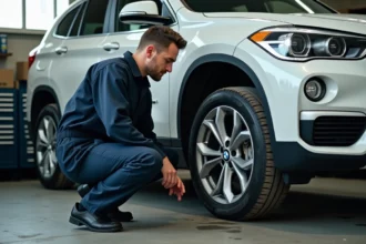 Mécanicien inspectant la suspension d'un BMW X1 F48 lors d'une visite de contrôle en garage