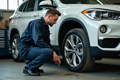 Mécanicien inspectant la suspension d'un BMW X1 F48 lors d'une visite de contrôle en garage