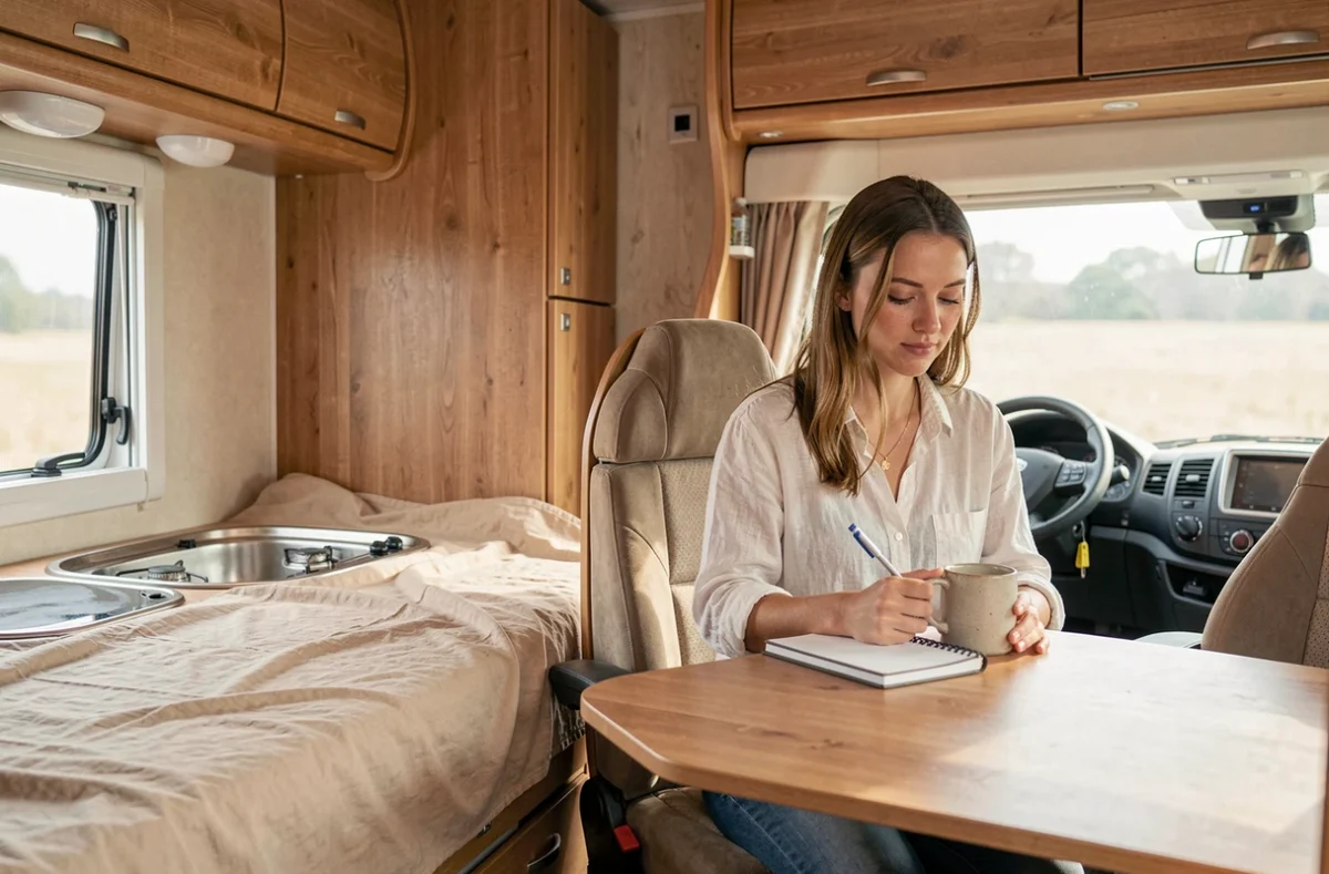 Intérieur d'un camping-car Adria d'occasion avec couchette et kitchenette, jeune femme écrivant dans un carnet à la dinette