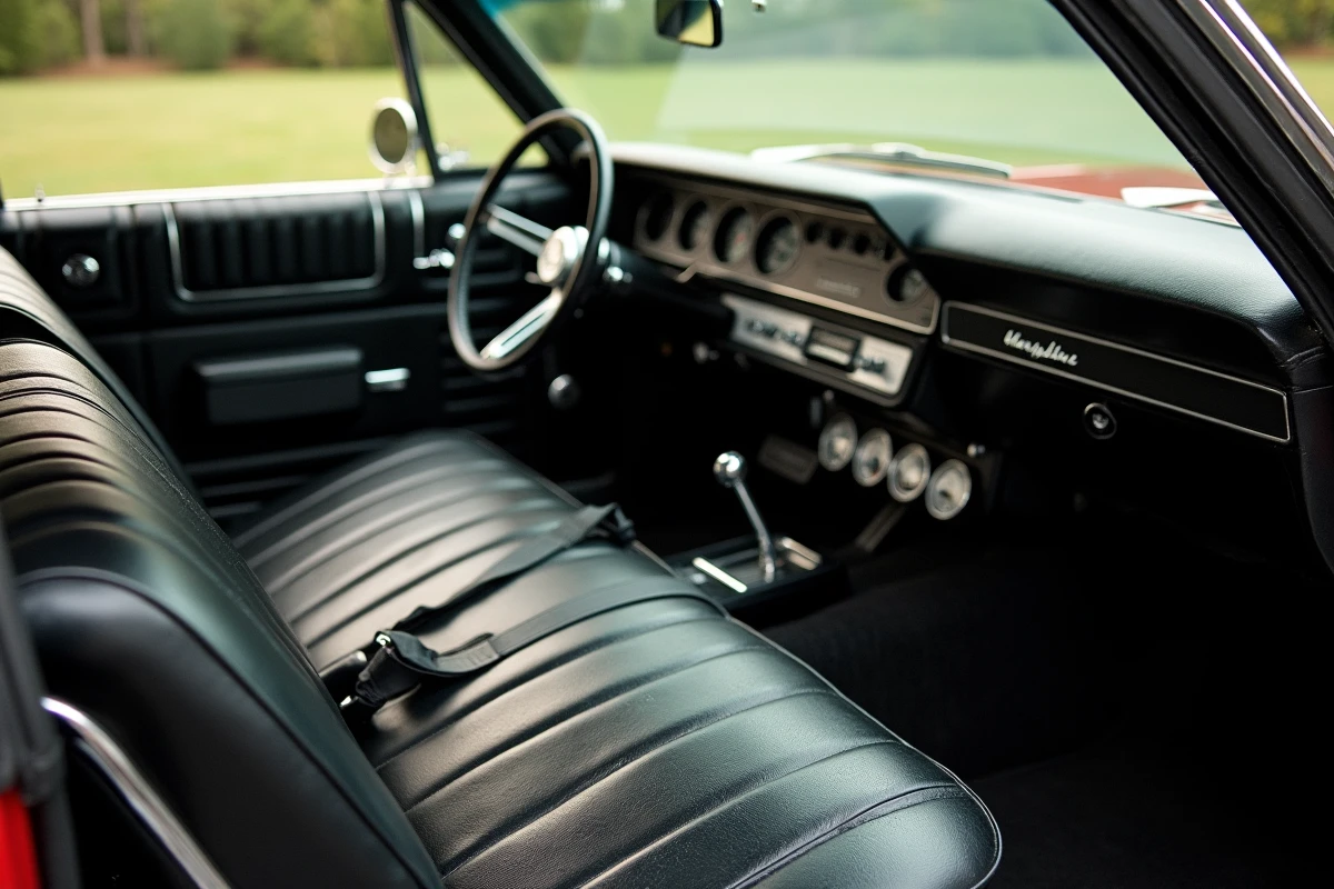 Intérieur original de la Chevrolet Impala 1967 avec siège banquette vinyle noir et tableau de bord chromé d'époque