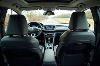 Intérieur de la Peugeot 308 vu depuis la banquette arrière, montrant les sièges avant en cuir, le tableau de bord et l'ergonomie de l'habitacle